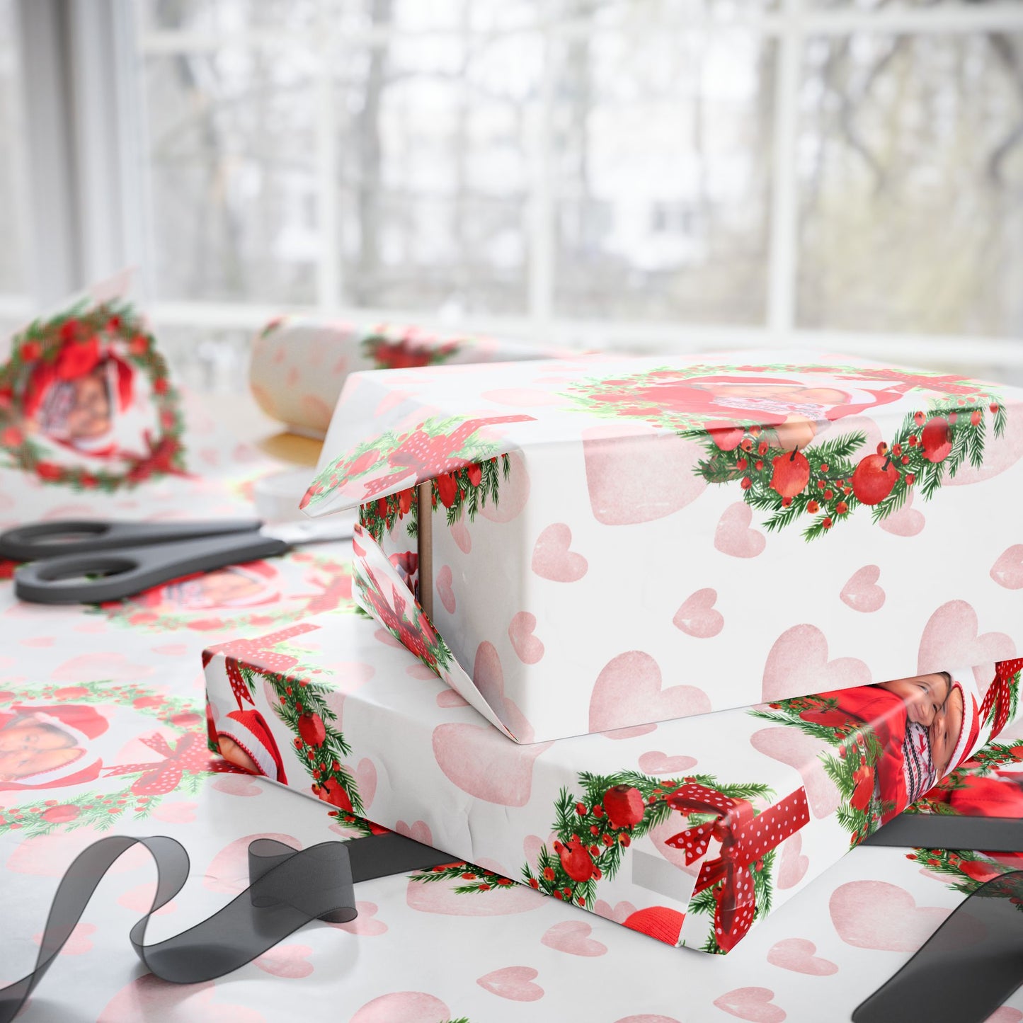 Christmas Wreath Heart Pattern Wrapping Paper Custom Photo & Text | Holiday Gift Wrap Roll by Gava Studio