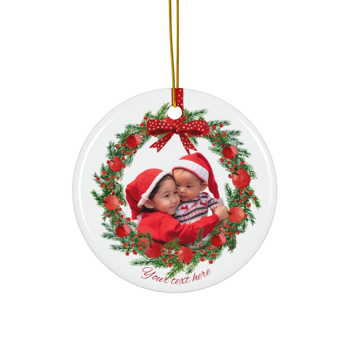Personalized Christmas Wreath Ornament Custom Photo & Text | Ceramic Keepsake by Gava Studio