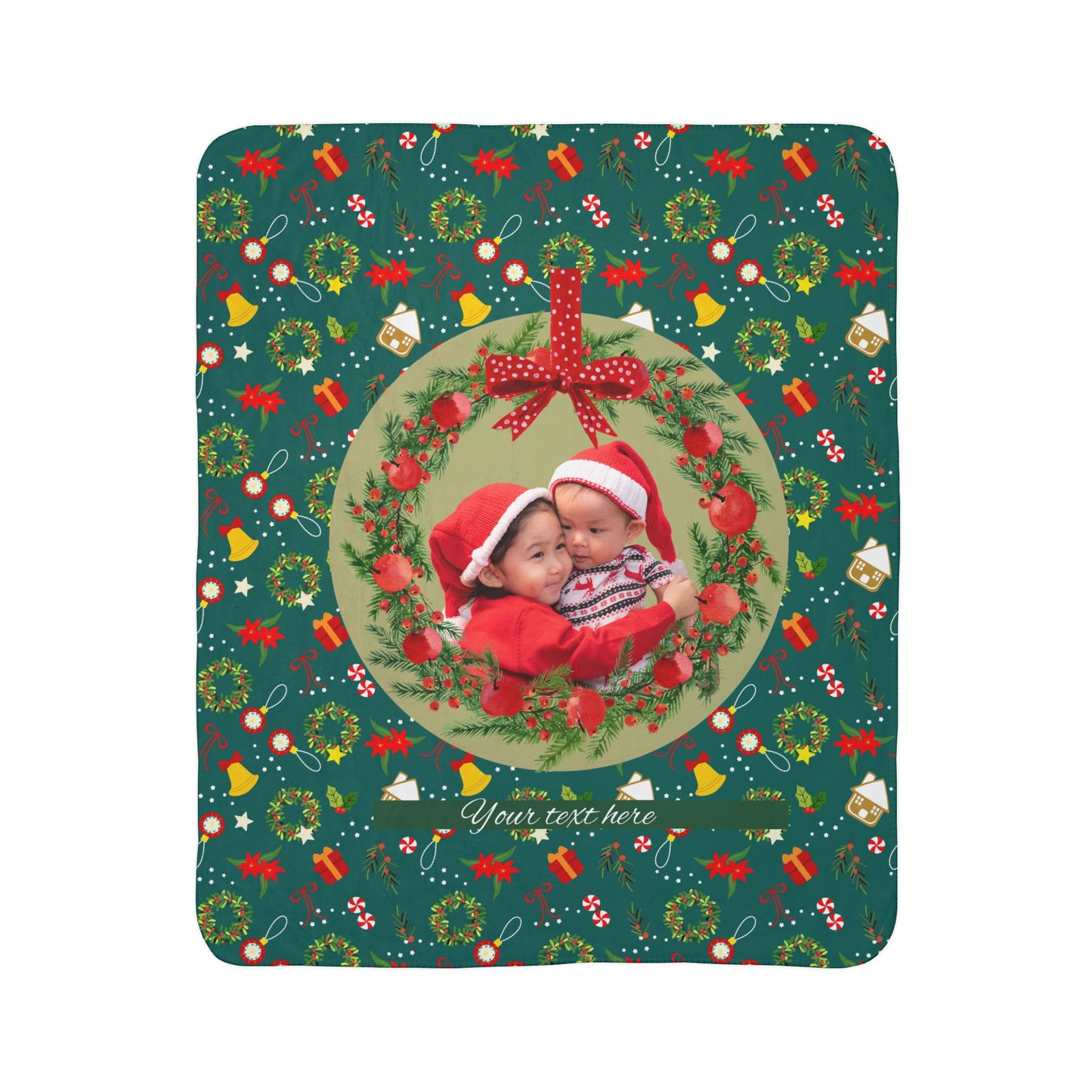 Copy of Christmas Wreath Photo Fleece Sherpa Blanket | Personalized Holiday Photo Throw