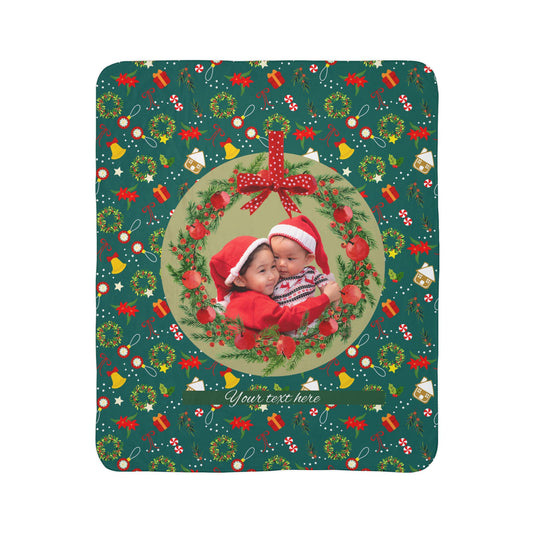 Copy of Christmas Wreath Photo Fleece Sherpa Blanket | Personalized Holiday Photo Throw
