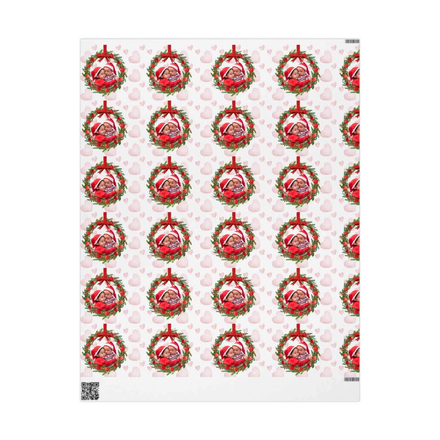 Christmas Wreath Heart Pattern Wrapping Paper Custom Photo & Text | Holiday Gift Wrap Roll by Gava Studio