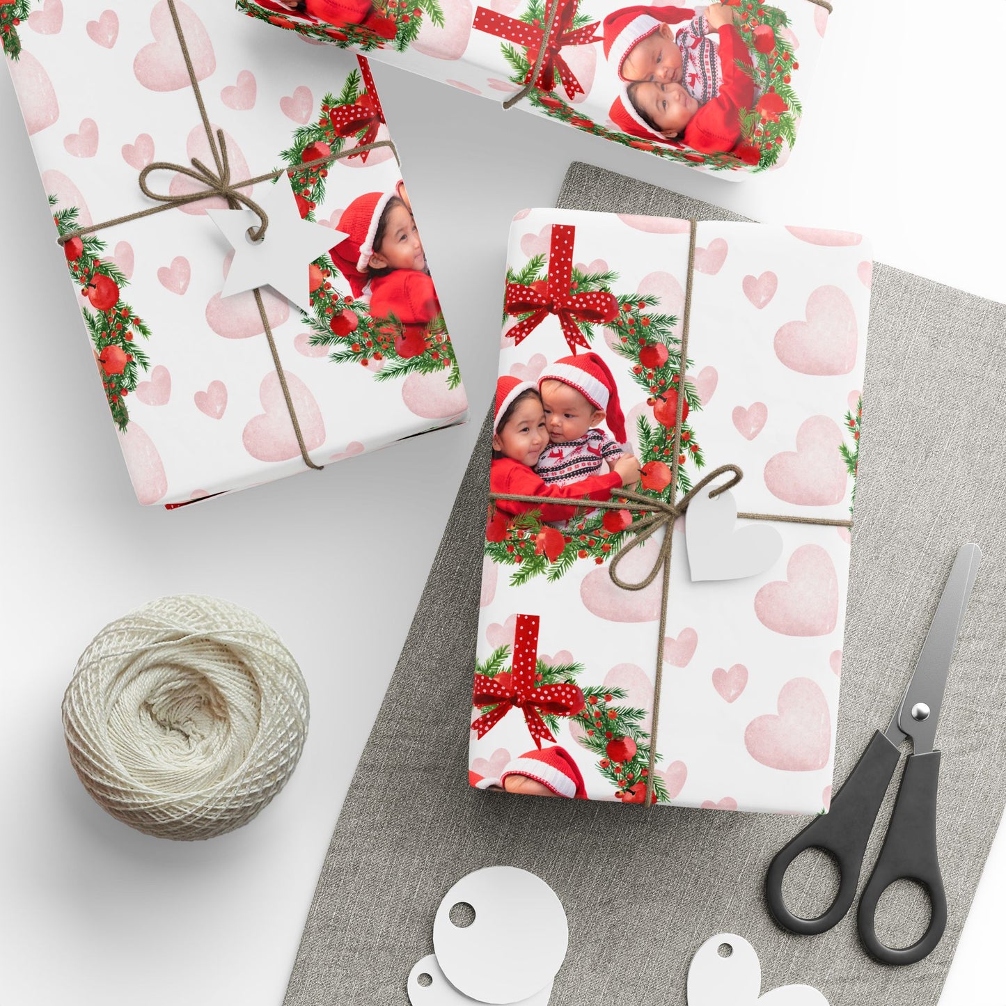 Christmas Wreath Heart Pattern Wrapping Paper Custom Photo & Text | Holiday Gift Wrap Roll by Gava Studio