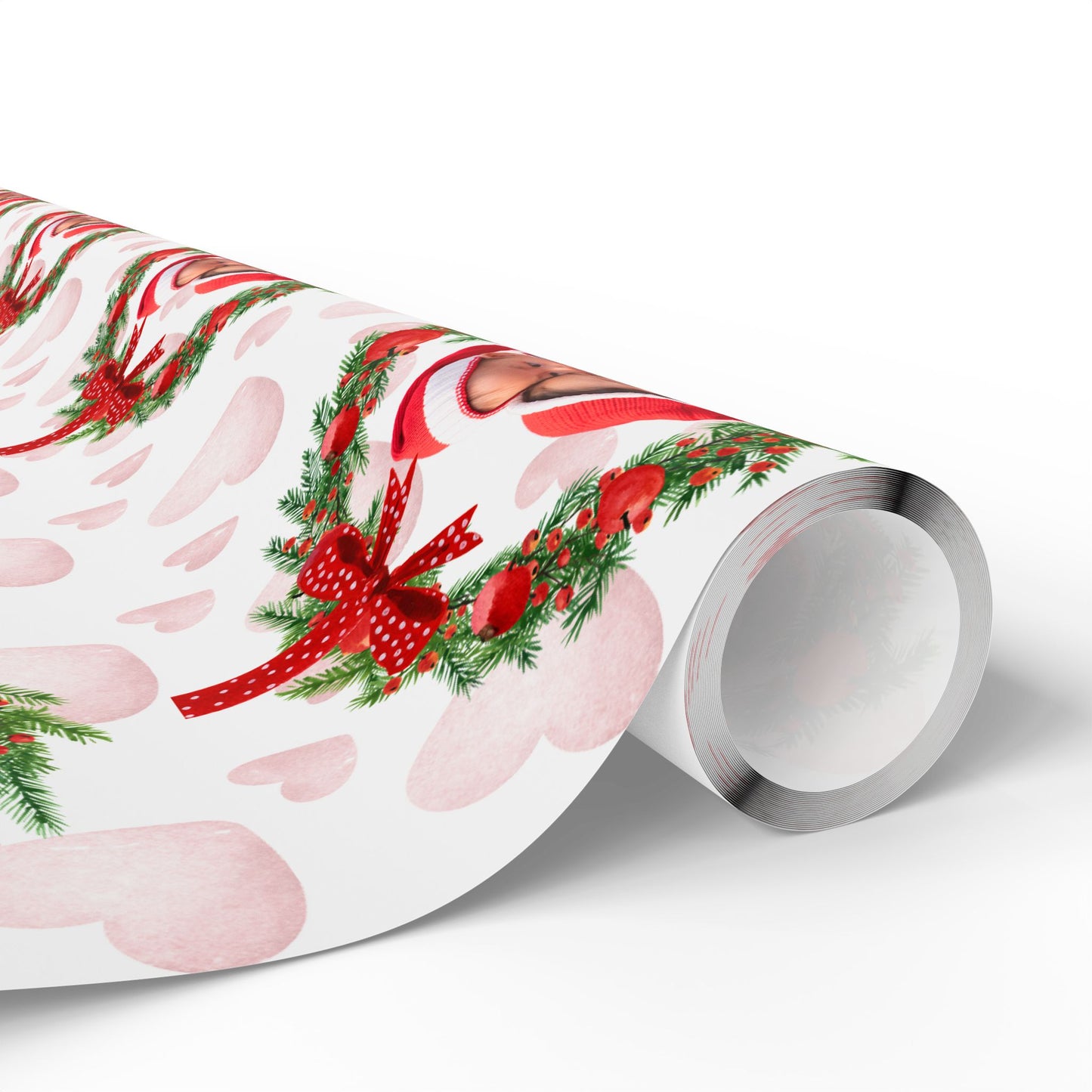 Christmas Wreath Heart Pattern Wrapping Paper Custom Photo & Text | Holiday Gift Wrap Roll by Gava Studio