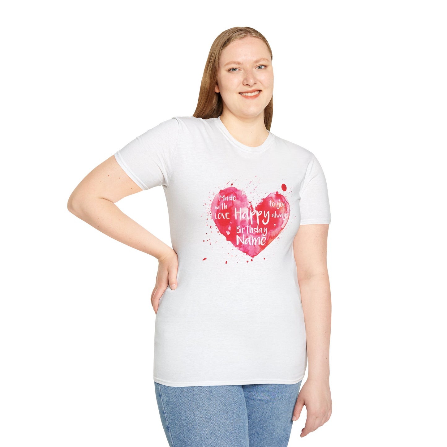 Personalized Birthday Love Heart Unisex T-Shirt – Softstyle Tee with Custom Name