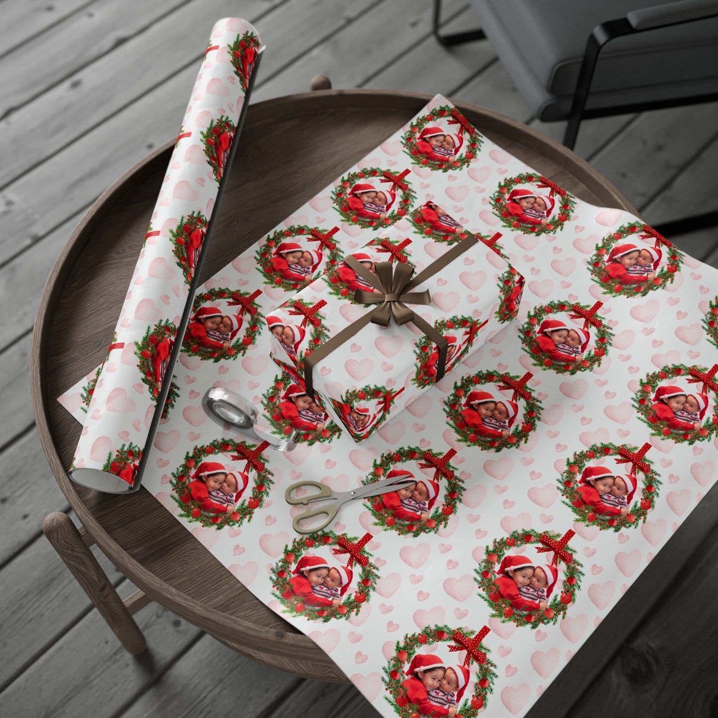 Christmas Wreath Heart Pattern Wrapping Paper Custom Photo & Text | Holiday Gift Wrap Roll by Gava Studio