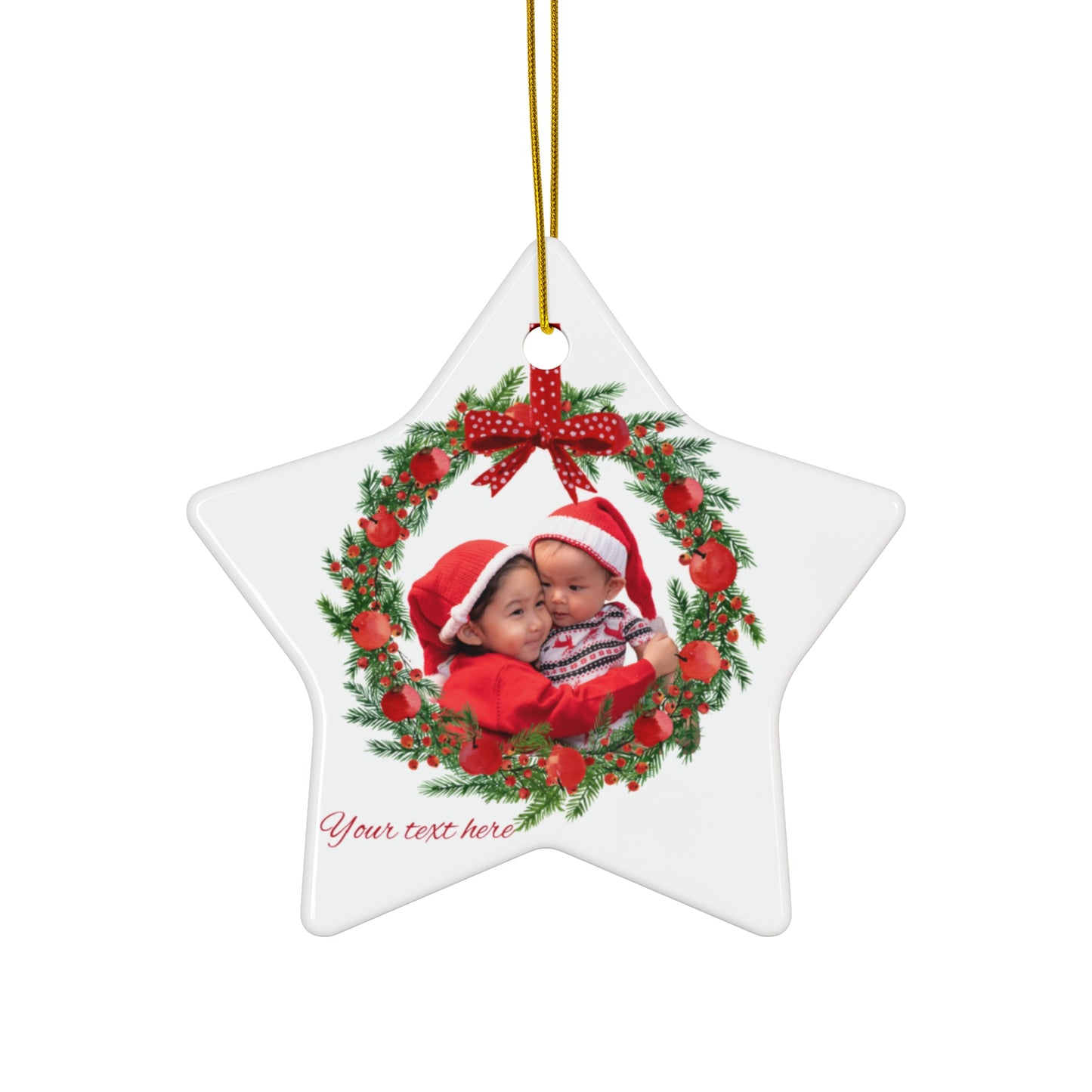 Personalized Christmas Wreath Ornament Custom Photo & Text | Ceramic Keepsake by Gava Studio