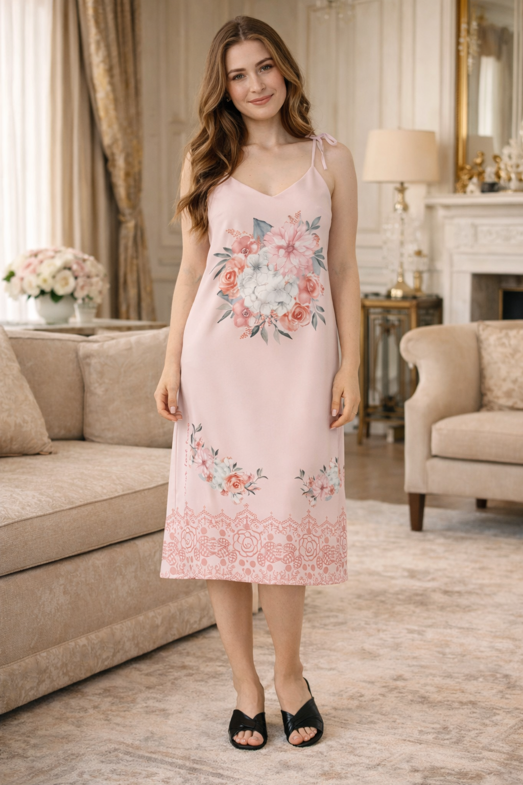 Personalized Floral Tie-Strap Midi Dress | Custom Text & Watercolor Art Design by Gava Studio