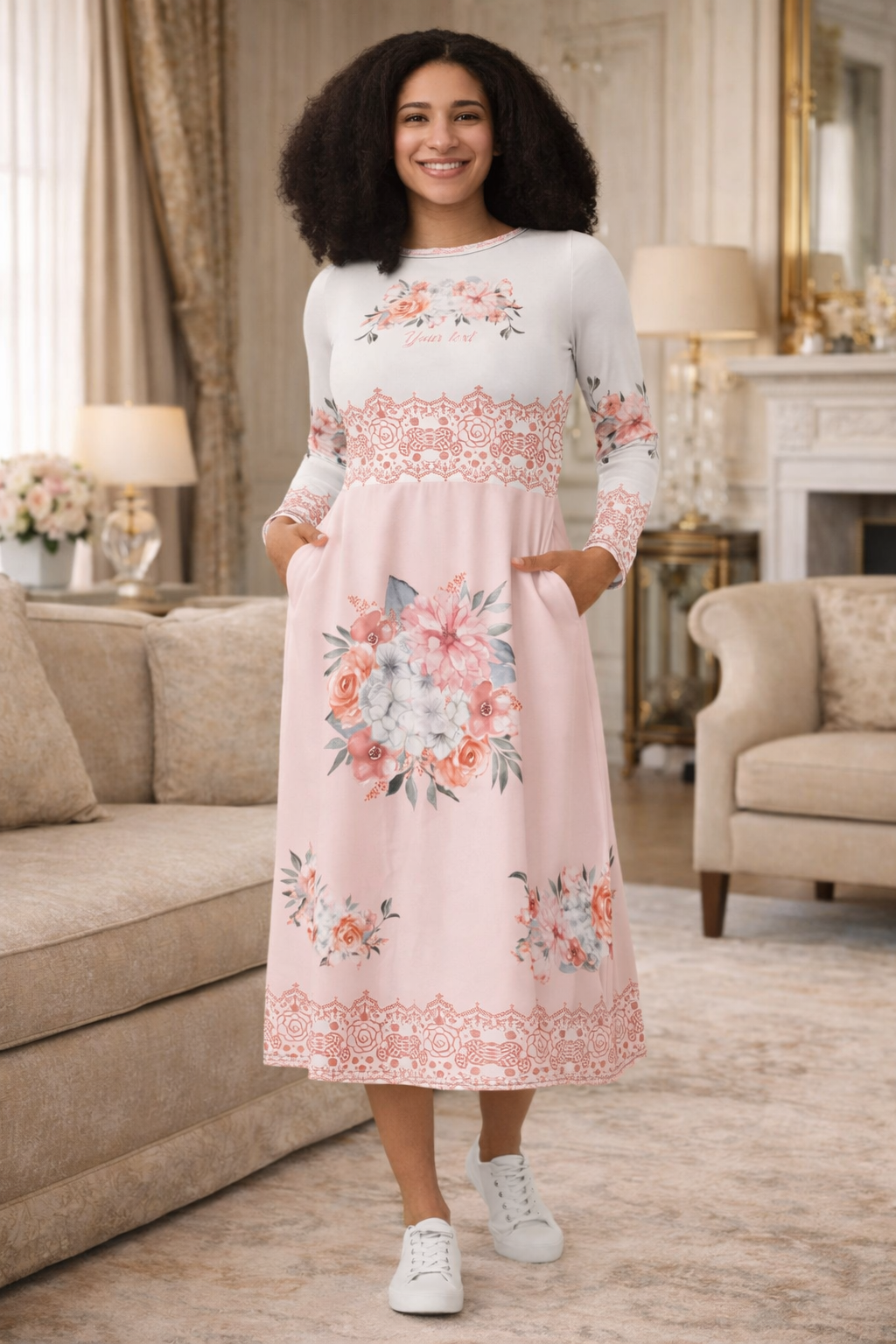 Personalized Floral Long Sleeve Midi Dress | Custom Text & Watercolor Art Design by Gava Studio