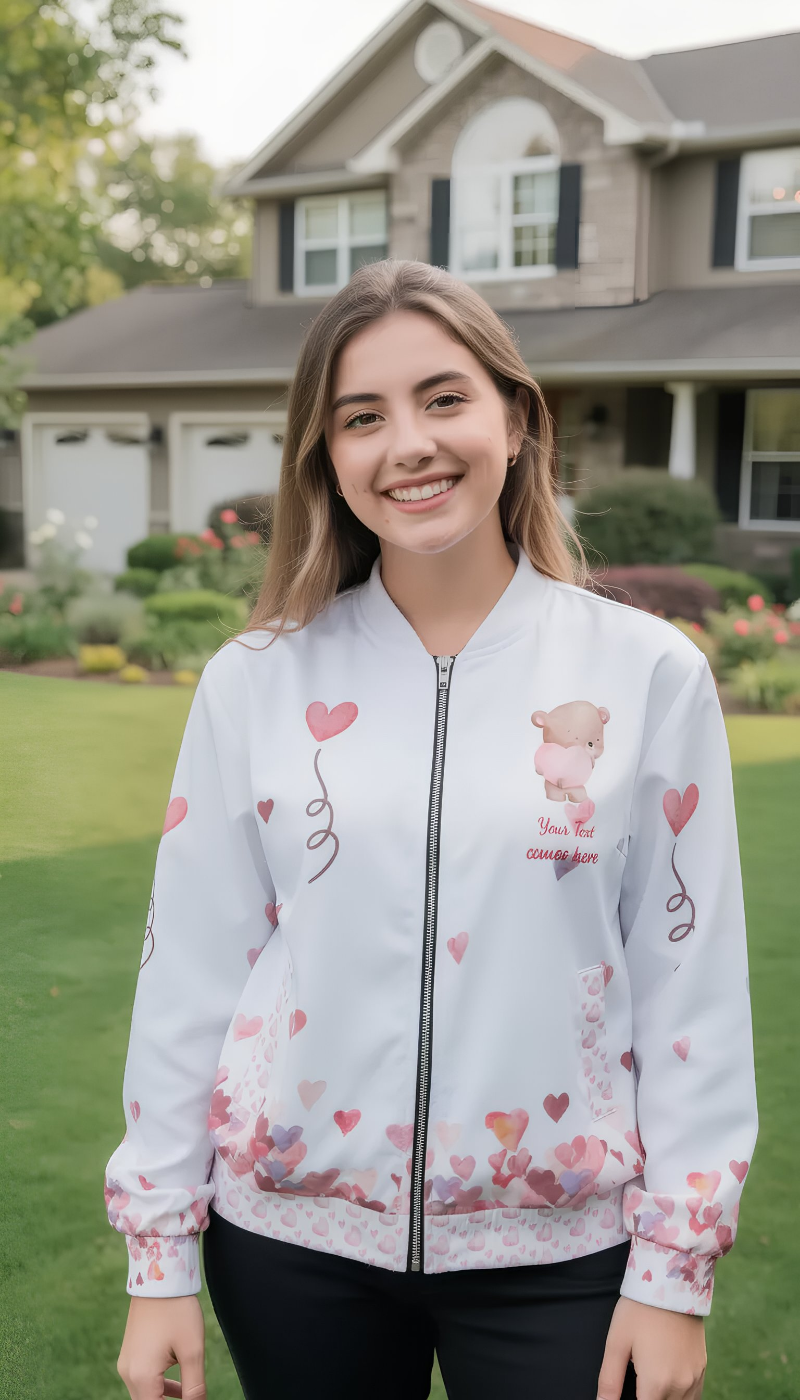 Personalized Love Design Bomber Jacket – Custom Heart & Bear Art | Gava Studio