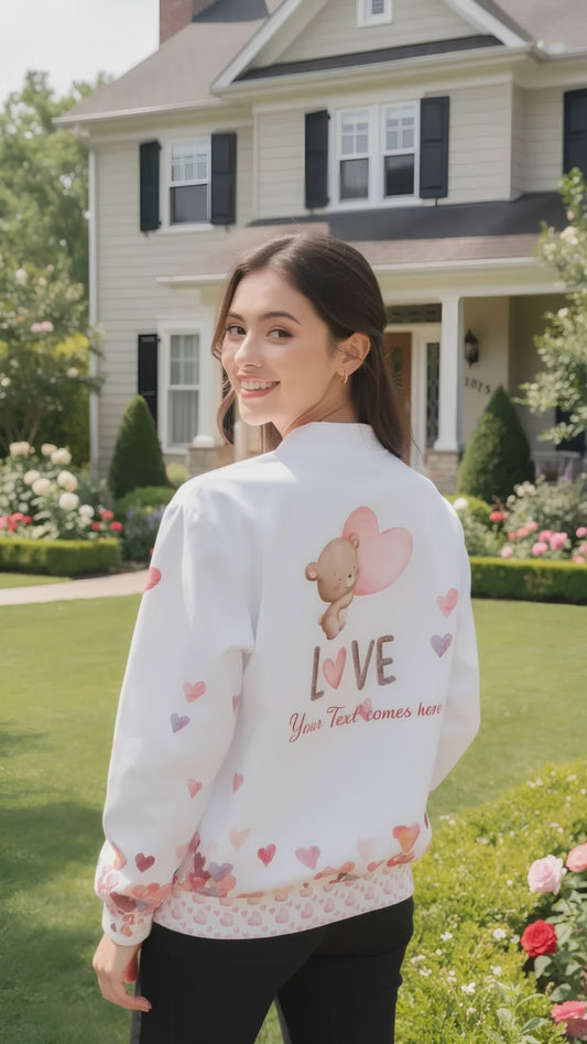 Personalized Love Design Bomber Jacket – Custom Heart & Bear Art | Gava Studio