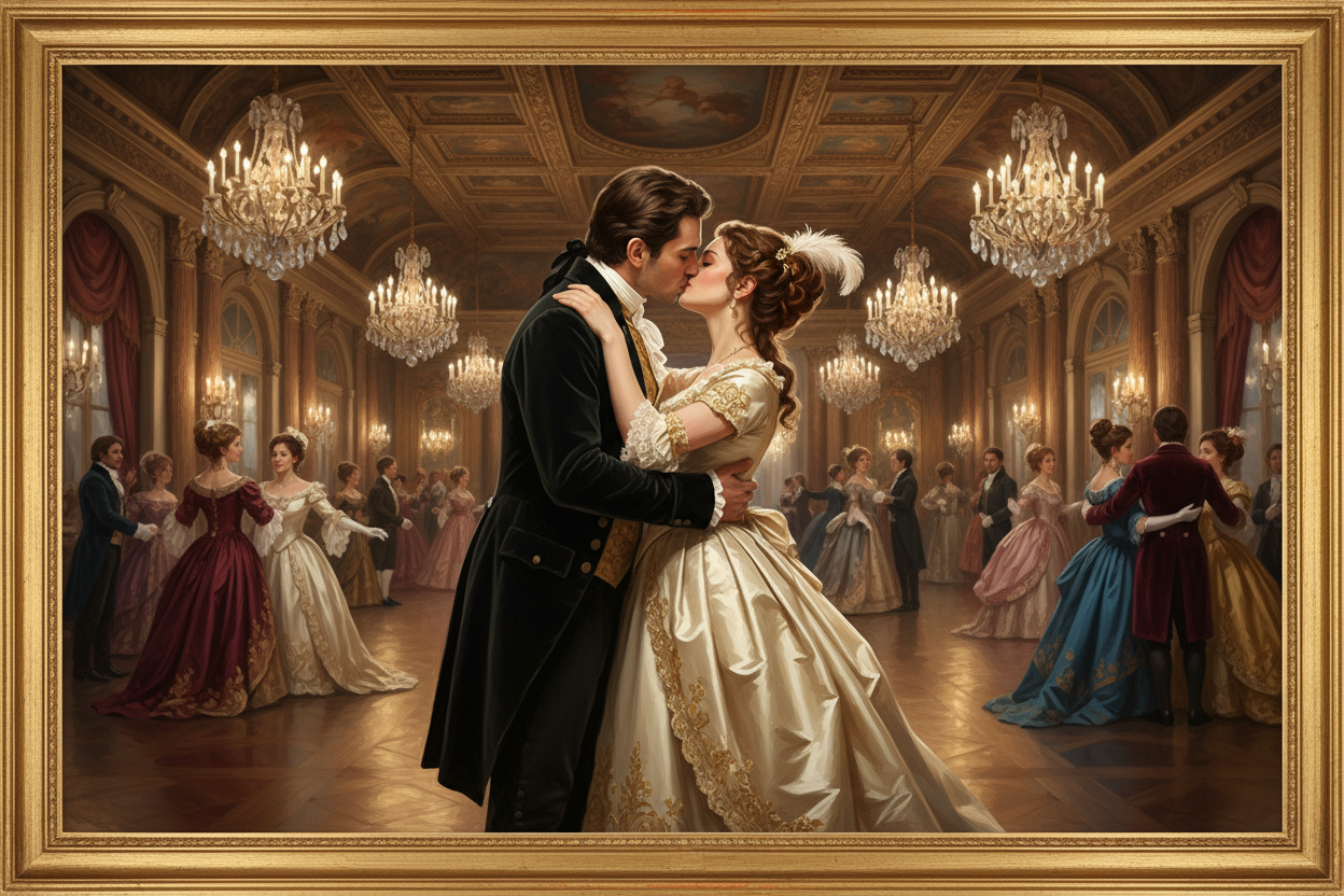 wall art classic party men and women kissing in beautiful 1800 party